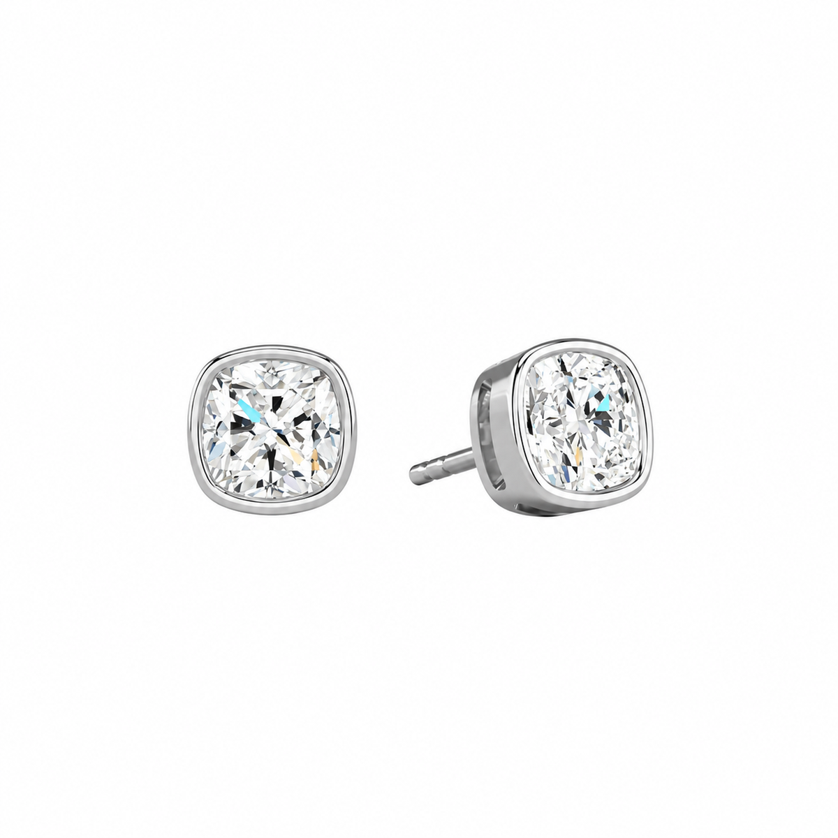 Jolie Cushion Bezel Solitaire Lab-Grown Diamond Stud Earrings in 18K White Gold, front view