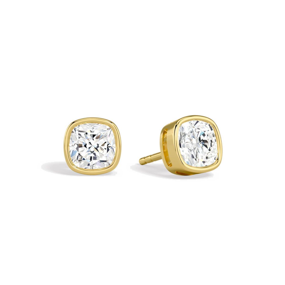 Jolie Cushion Bezel Solitaire Lab-Grown Diamond Stud Earrings in 14K Yellow Gold, front view