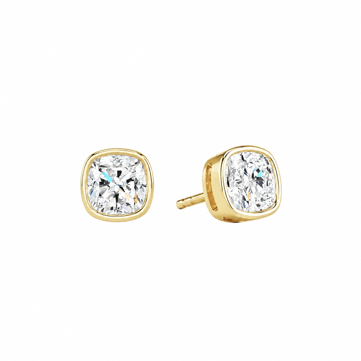 Jolie Cushion Bezel Solitaire Lab-Grown Diamond Stud Earrings in 14K Yellow Gold, front view