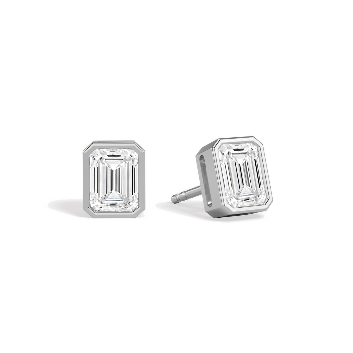 Jolie Emerald Bezel Solitaire Lab-Grown Diamond Stud Earrings in 14K White Gold, front view