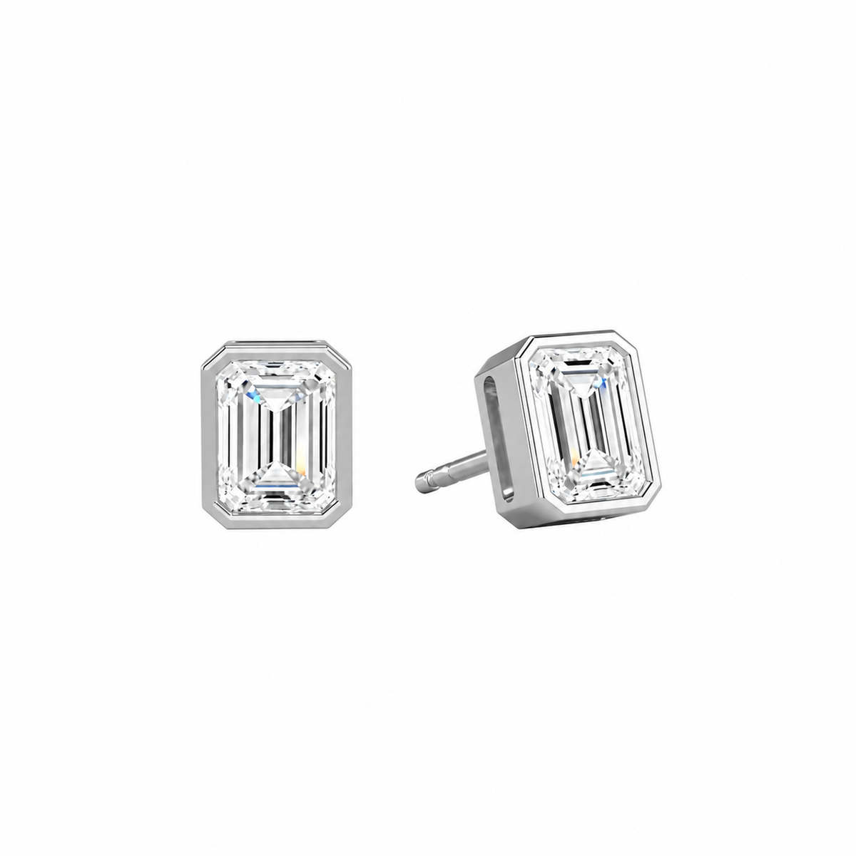 Jolie Emerald Bezel Solitaire Lab-Grown Diamond Stud Earrings in 14K White Gold, front view
