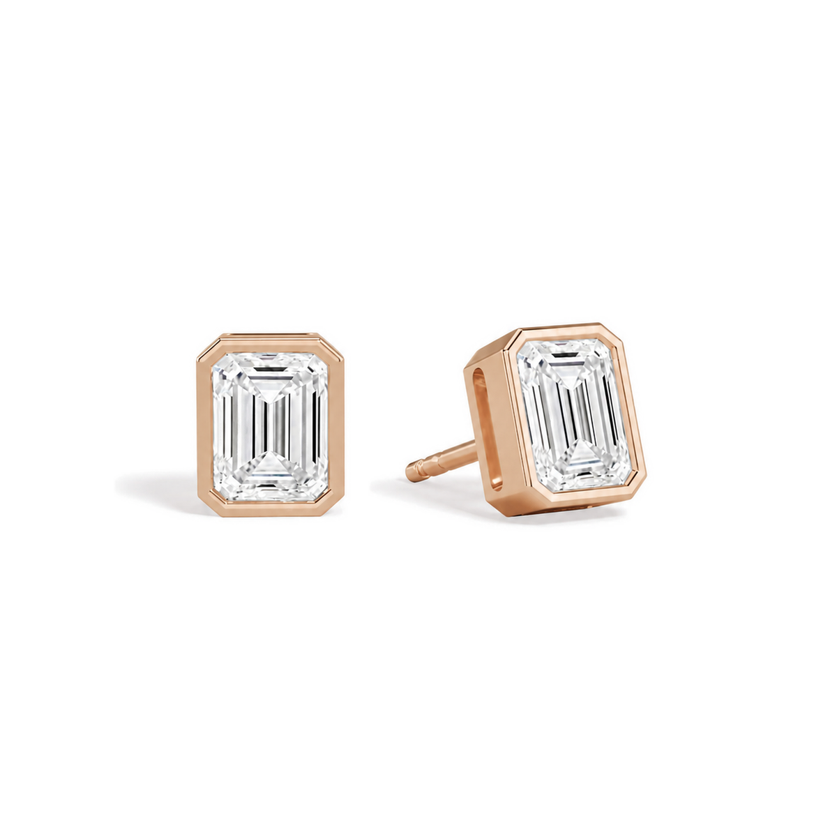 Jolie Emerald Bezel Solitaire Lab-Grown Diamond Stud Earrings in 14K Rose Gold, front view