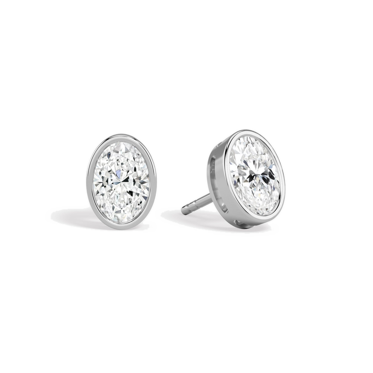 Jolie Oval Bezel Solitaire Lab-Grown Diamond Stud Earrings in 14K White Gold, front view