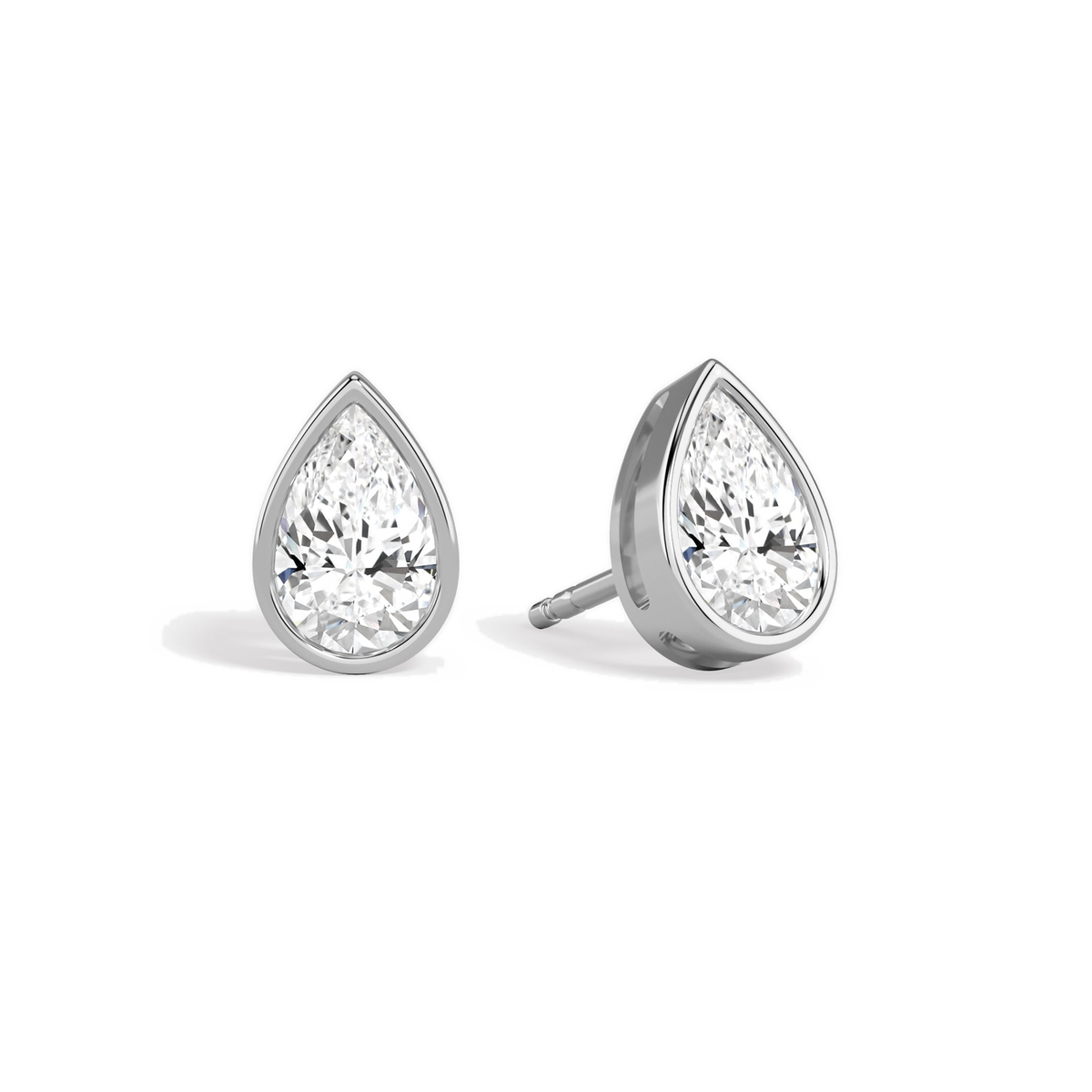 Jolie Pear Bezel Solitaire Lab-Grown Diamond Stud Earrings in 14K White Gold, front view