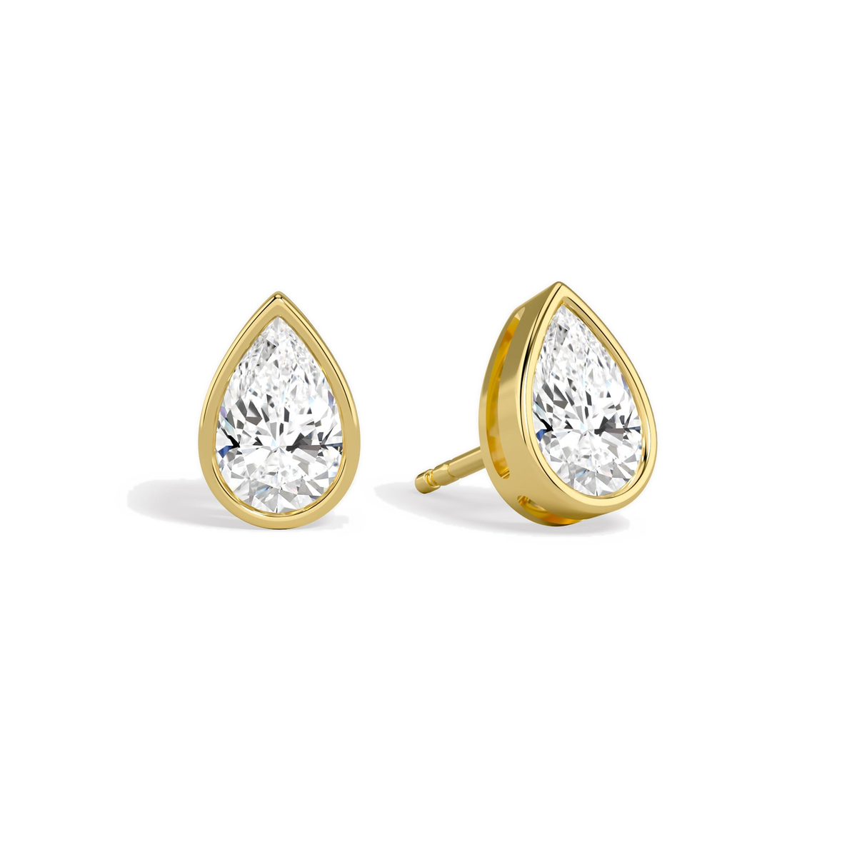 Jolie Pear Bezel Solitaire Lab-Grown Diamond Stud Earrings in 14K Yellow Gold, front view