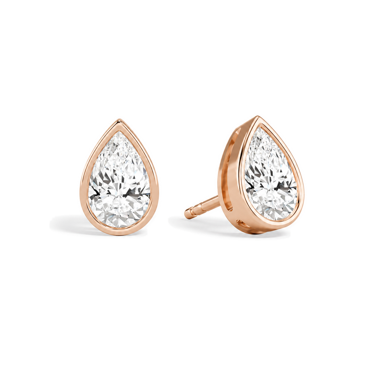 Jolie Pear Bezel Solitaire Lab-Grown Diamond Stud Earrings in 14K Rose Gold, front view