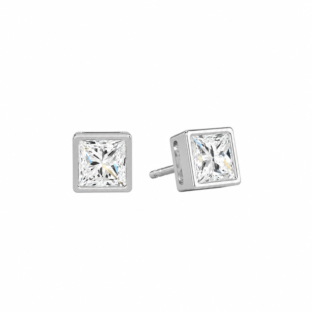 Jolie Princess Bezel Solitaire Lab-Grown Diamond Stud Earrings in 14K White Gold, front view