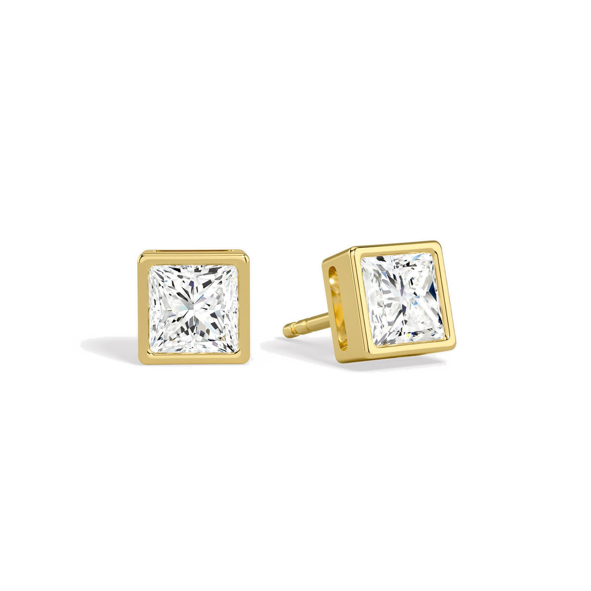 Jolie Princess Bezel Solitaire Lab-Grown Diamond Stud Earrings in 14K Yellow Gold, front view