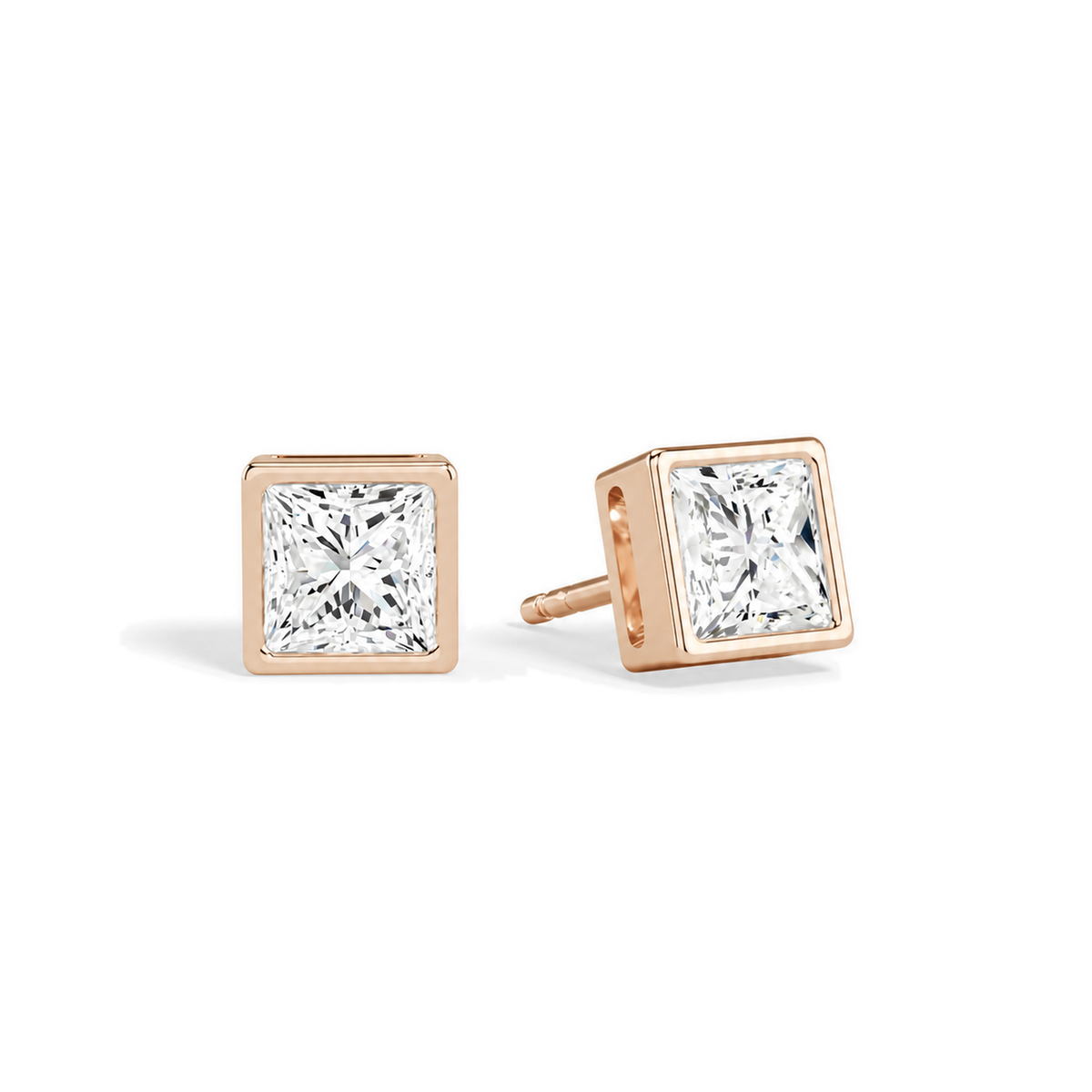 Jolie Princess Bezel Solitaire Lab-Grown Diamond Stud Earrings in 14K Rose Gold, front view