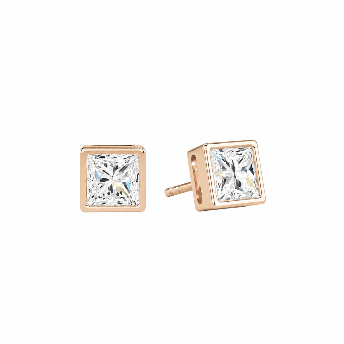 Jolie Princess Bezel Solitaire Lab-Grown Diamond Stud Earrings in 14K Rose Gold, front view