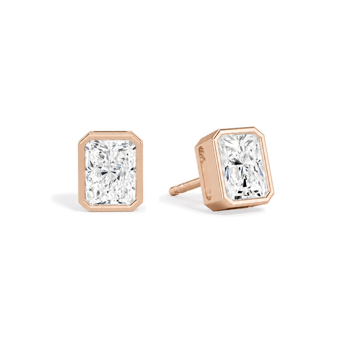 Jolie Radiant Bezel Solitaire Lab-Grown Diamond Stud Earrings in 14K Rose Gold, front view