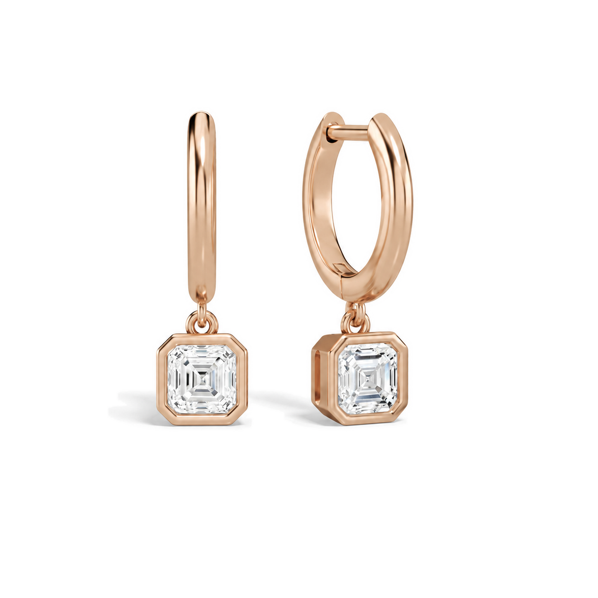Giselle Asscher Bezel Drop Huggie Hoop Lab-Grown Diamond Earrings in 14K Rose Gold, front view