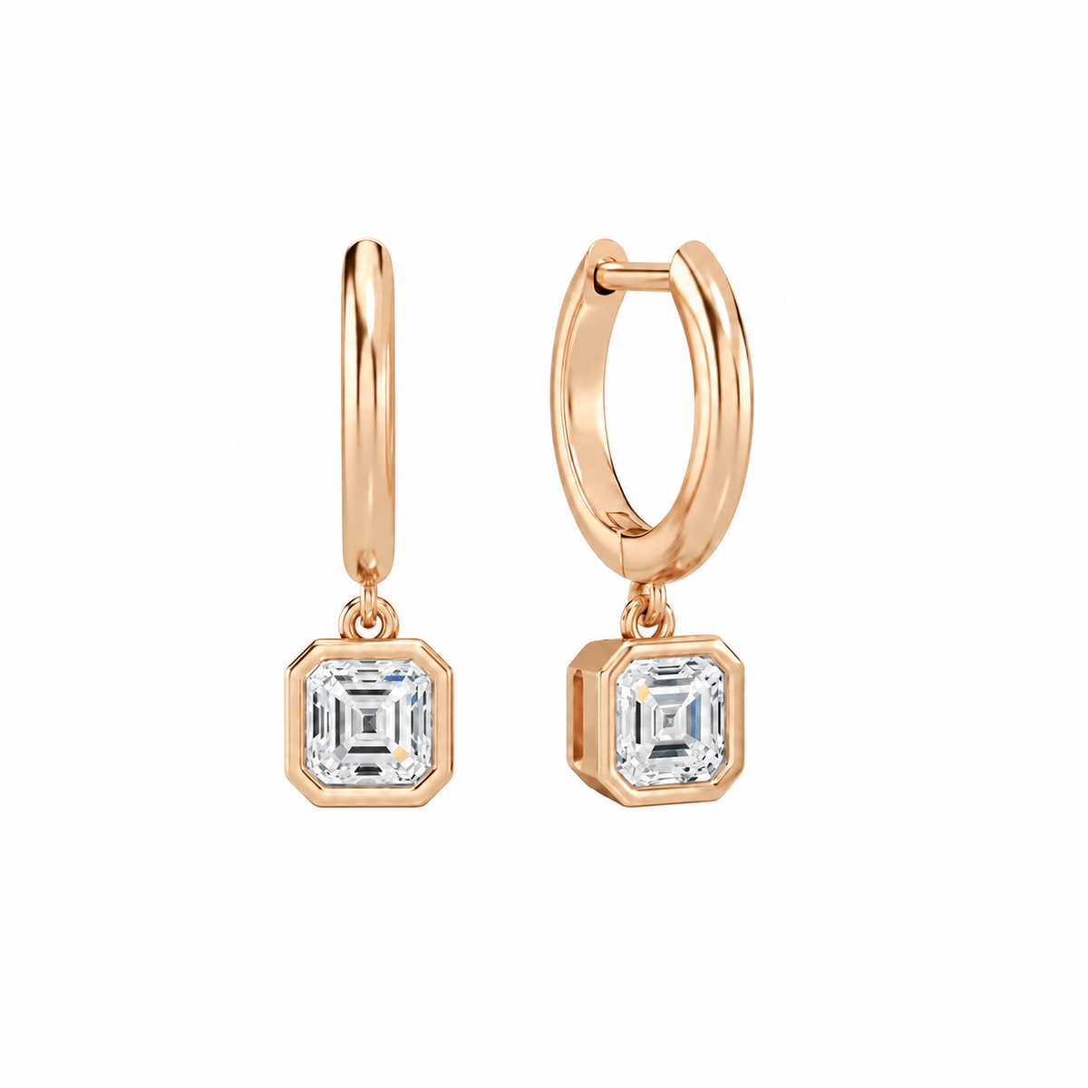 Giselle Asscher Bezel Drop Huggie Hoop Lab-Grown Diamond Earrings in 14K Rose Gold, front view