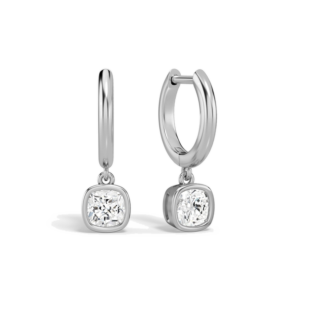 Giselle Cushion Bezel Drop Huggie Hoop Lab-Grown Diamond Earrings in Platinum, front view