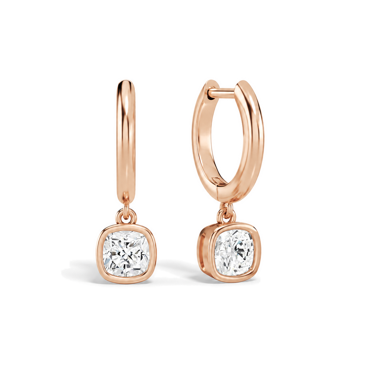 Giselle Cushion Bezel Drop Huggie Hoop Lab-Grown Diamond Earrings in 14K Rose Gold, front view
