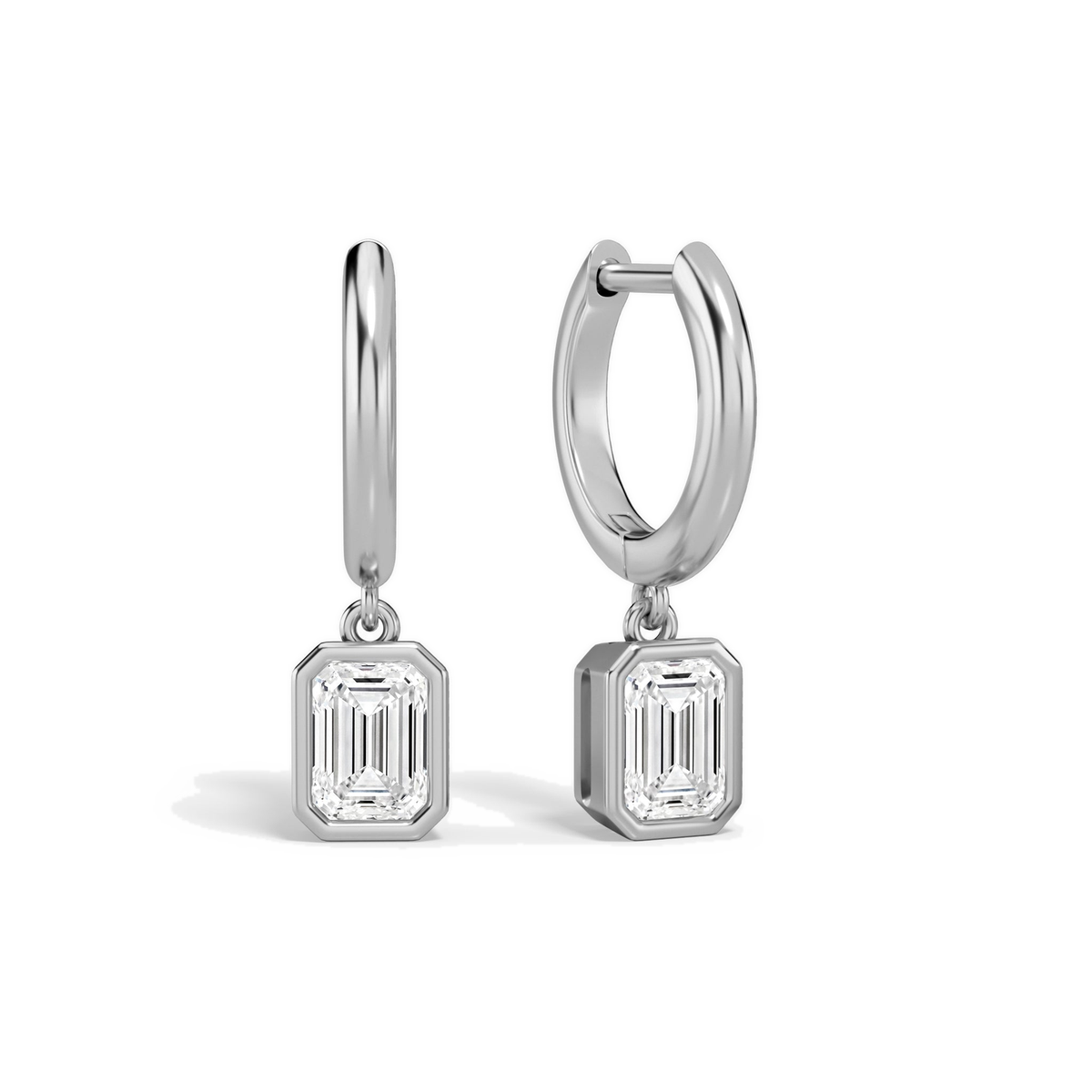Giselle Emerald Bezel Drop Huggie Hoop Lab-Grown Diamond Earrings in 14K White Gold, front view