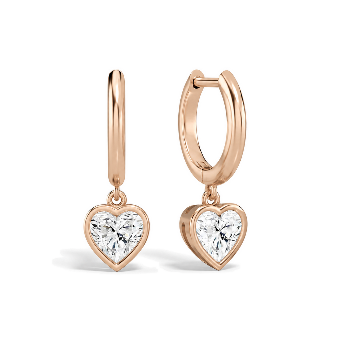 Giselle Heart Bezel Drop Huggie Hoop Lab-Grown Diamond Earrings in 14K Rose Gold, front view