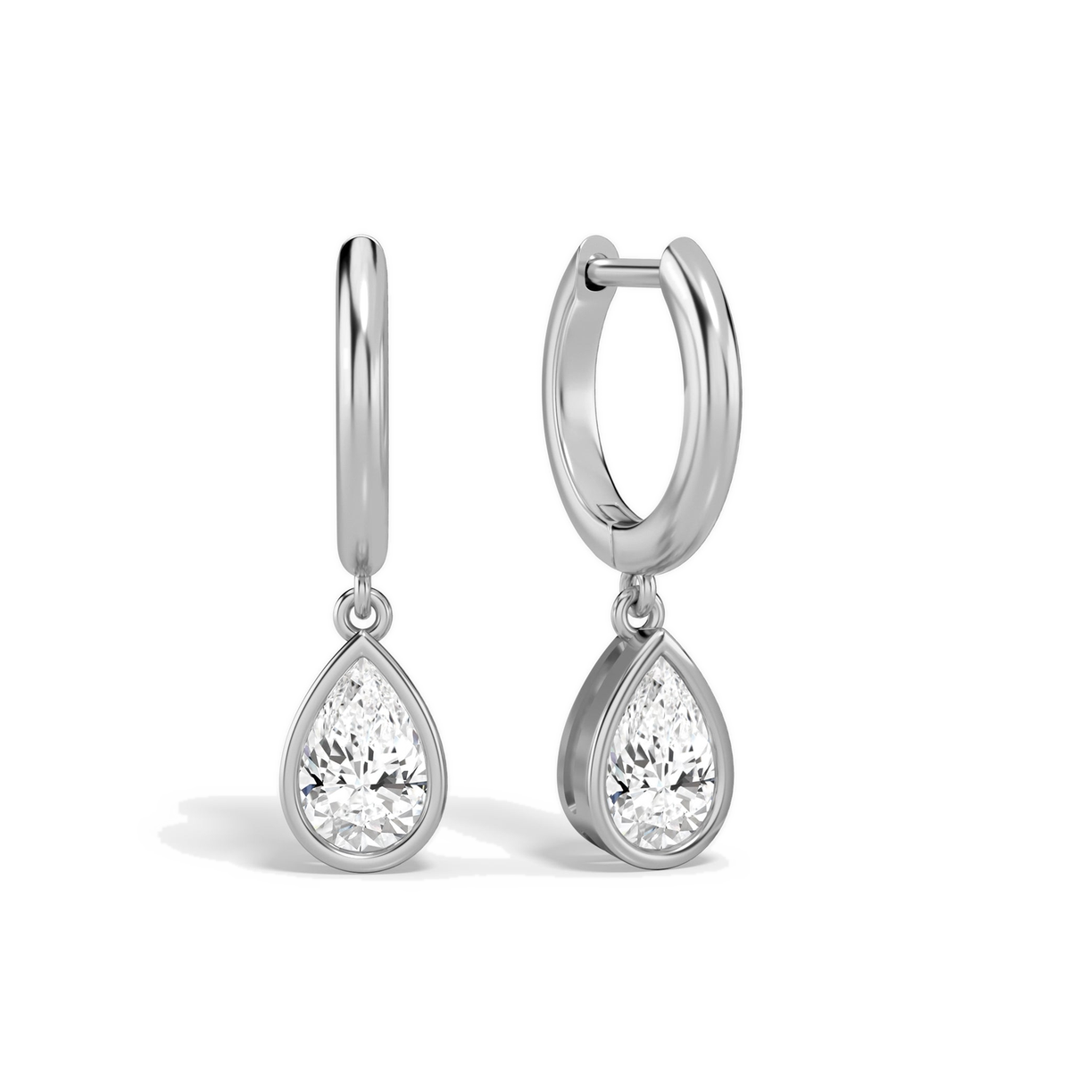 Giselle Pear Bezel Drop Huggie Hoop Lab-Grown Diamond Earrings in 14K White Gold, front view