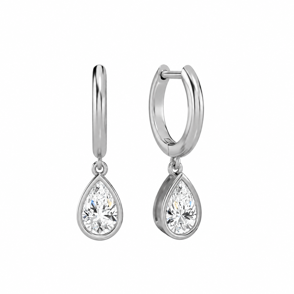 Giselle Pear Bezel Drop Huggie Hoop Lab-Grown Diamond Earrings in 14K White Gold, front view