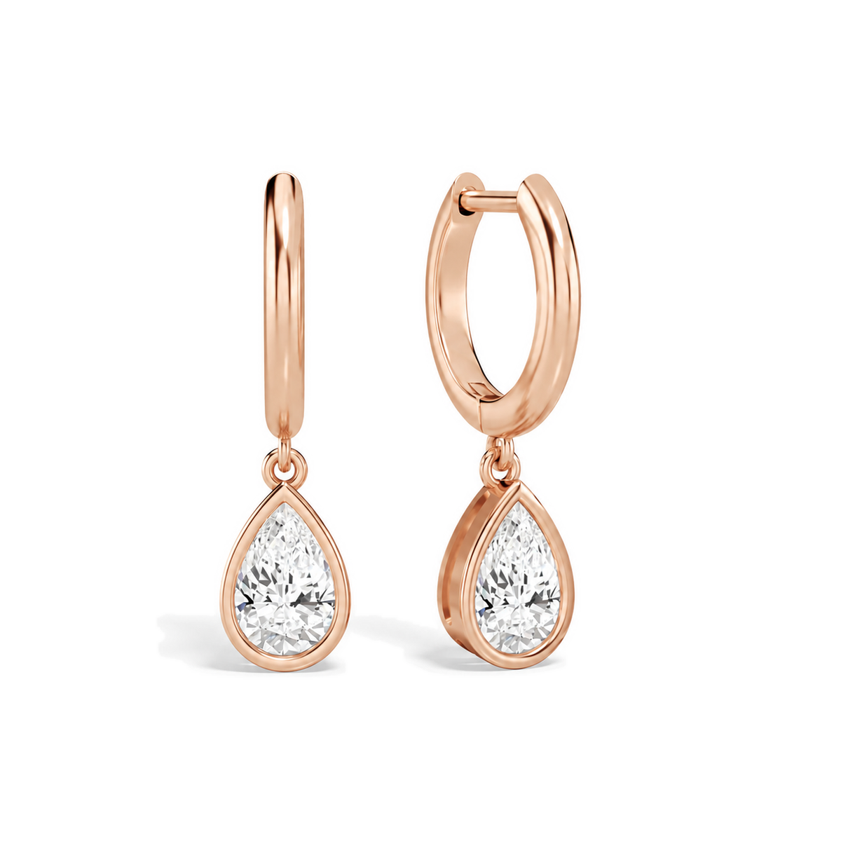 Giselle Pear Bezel Drop Huggie Hoop Lab-Grown Diamond Earrings in 14K Rose Gold, front view