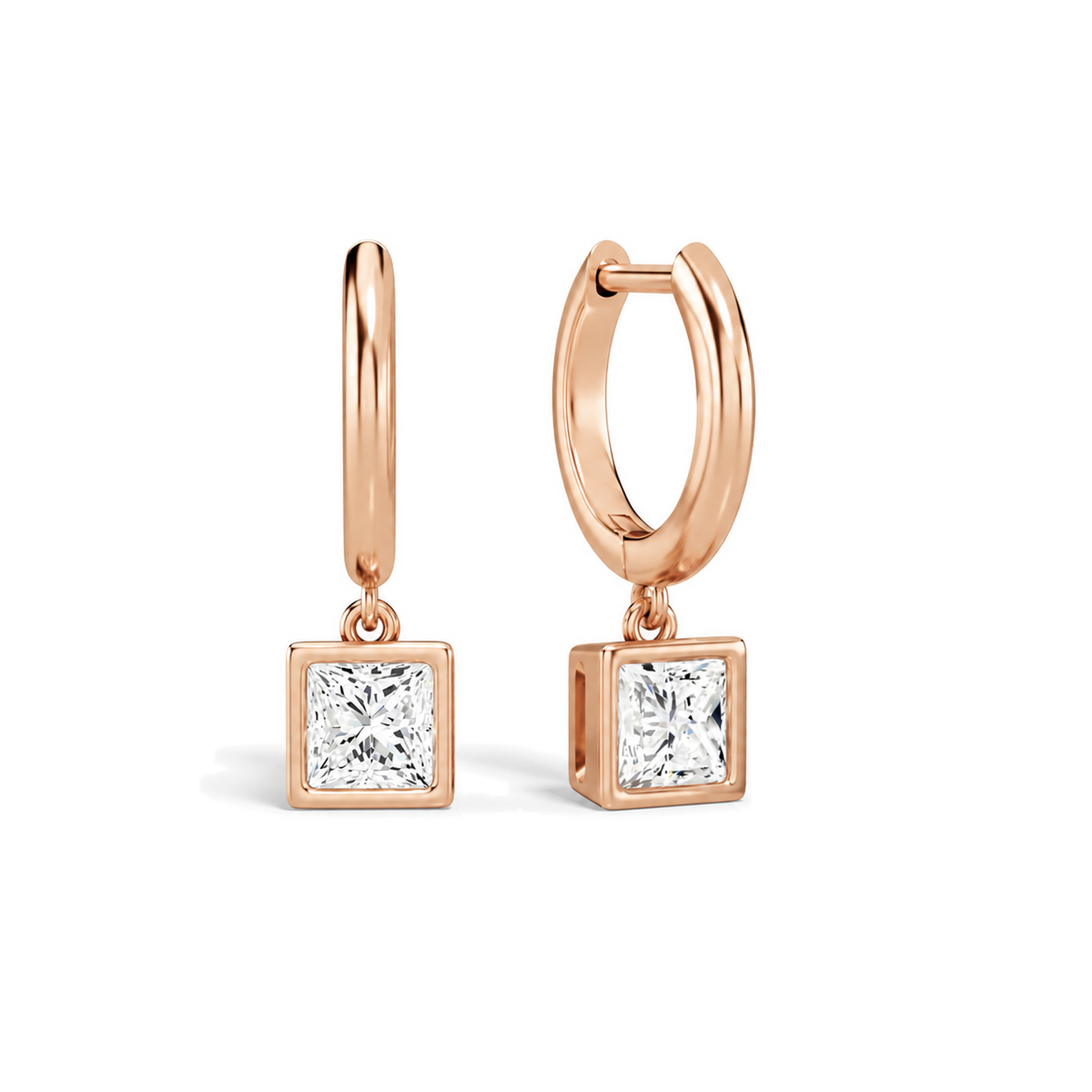 Giselle Princess Bezel Drop Huggie Hoop Lab-Grown Diamond Earrings in 14K Rose Gold, front view
