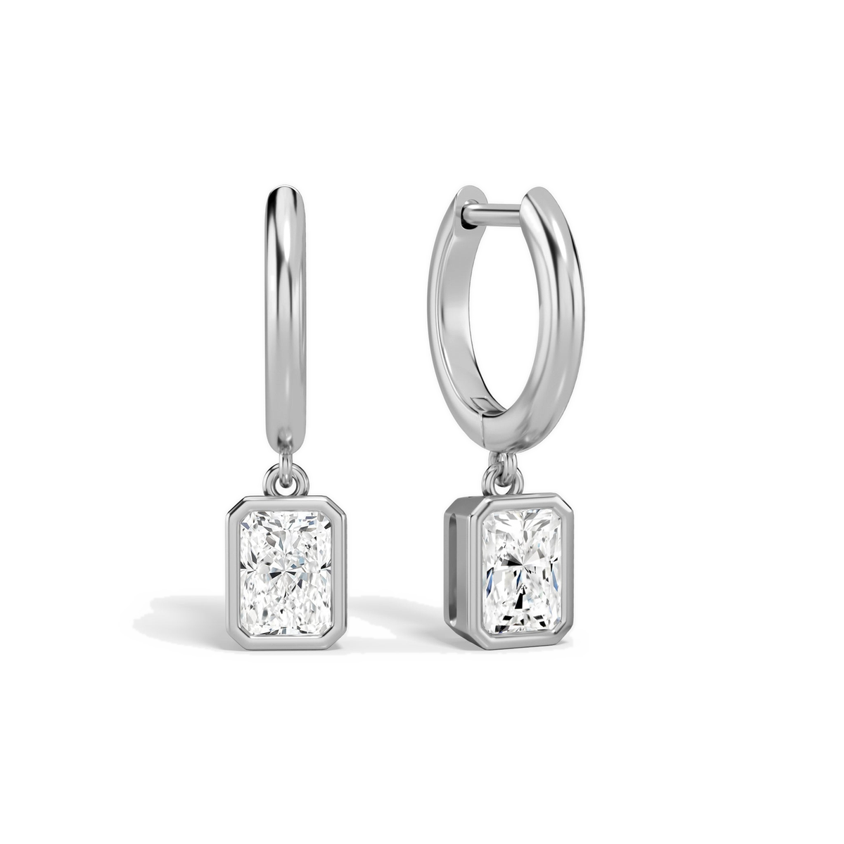 Giselle Radiant Bezel Drop Huggie Hoop Lab-Grown Diamond Earrings in Platinum, front view