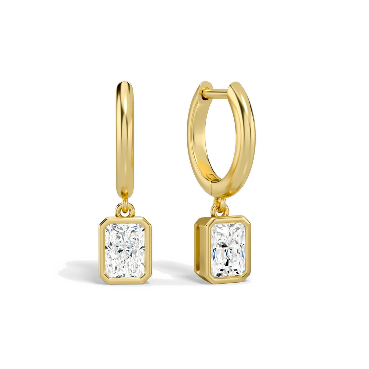 Giselle Radiant Bezel Drop Huggie Hoop Lab-Grown Diamond Earrings in 14K Yellow Gold, front view
