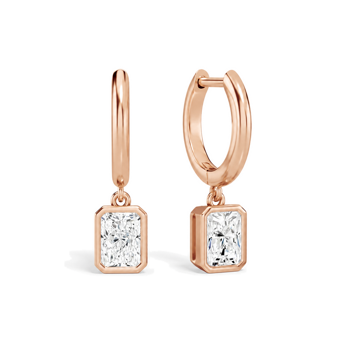 Giselle Radiant Bezel Drop Huggie Hoop Lab-Grown Diamond Earrings in 14K Rose Gold, front view
