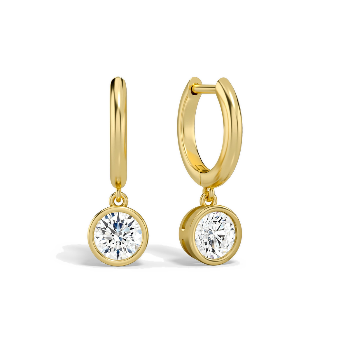 Giselle Round Bezel Drop Huggie Hoop Lab-Grown Diamond Earrings in 14K Yellow Gold, front view