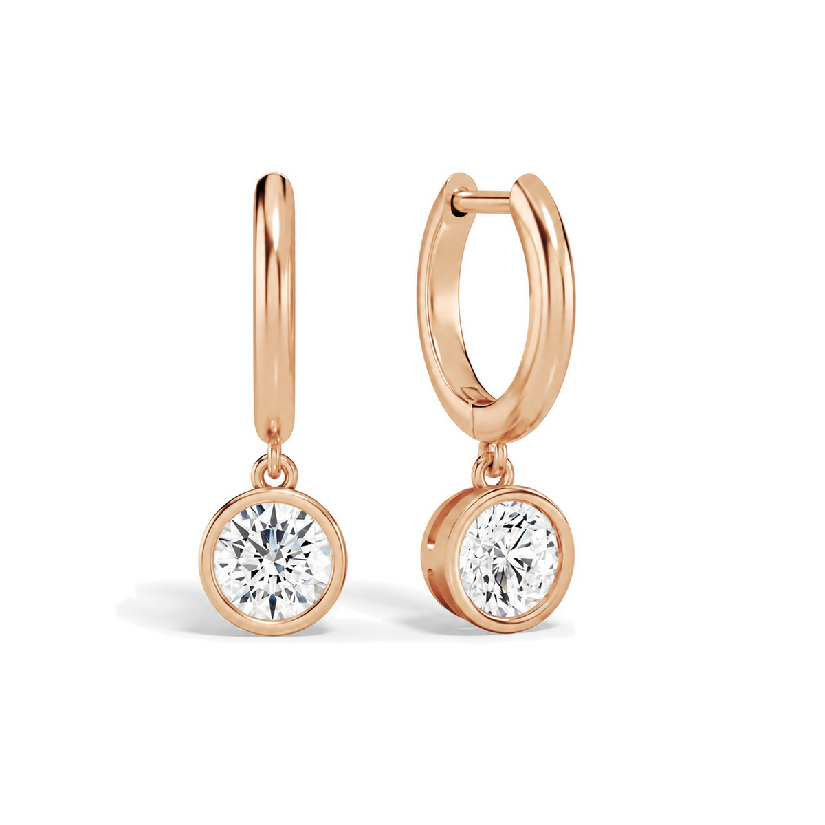 Giselle Round Bezel Drop Huggie Hoop Lab-Grown Diamond Earrings in 14K Rose Gold, front view