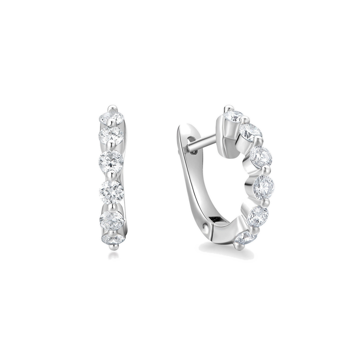 Xanthe Shared Prong Huggie Hoop Lab-Grown Diamond Earrings in 18K White Gold, front view