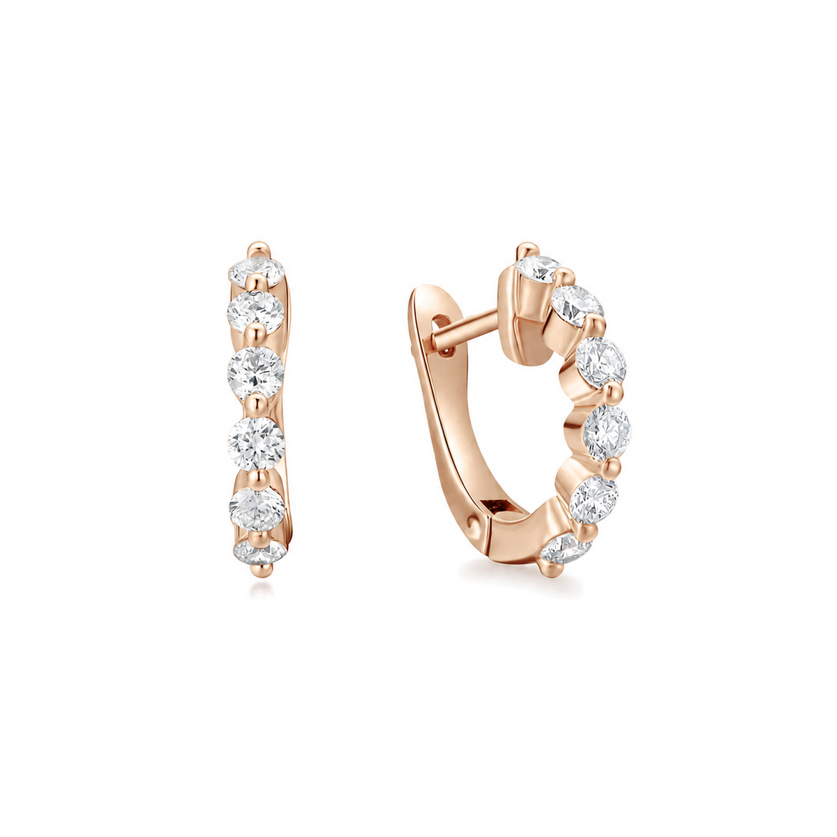 Xanthe Shared Prong Huggie Hoop Lab-Grown Diamond Earrings in 14K Rose Gold, front view