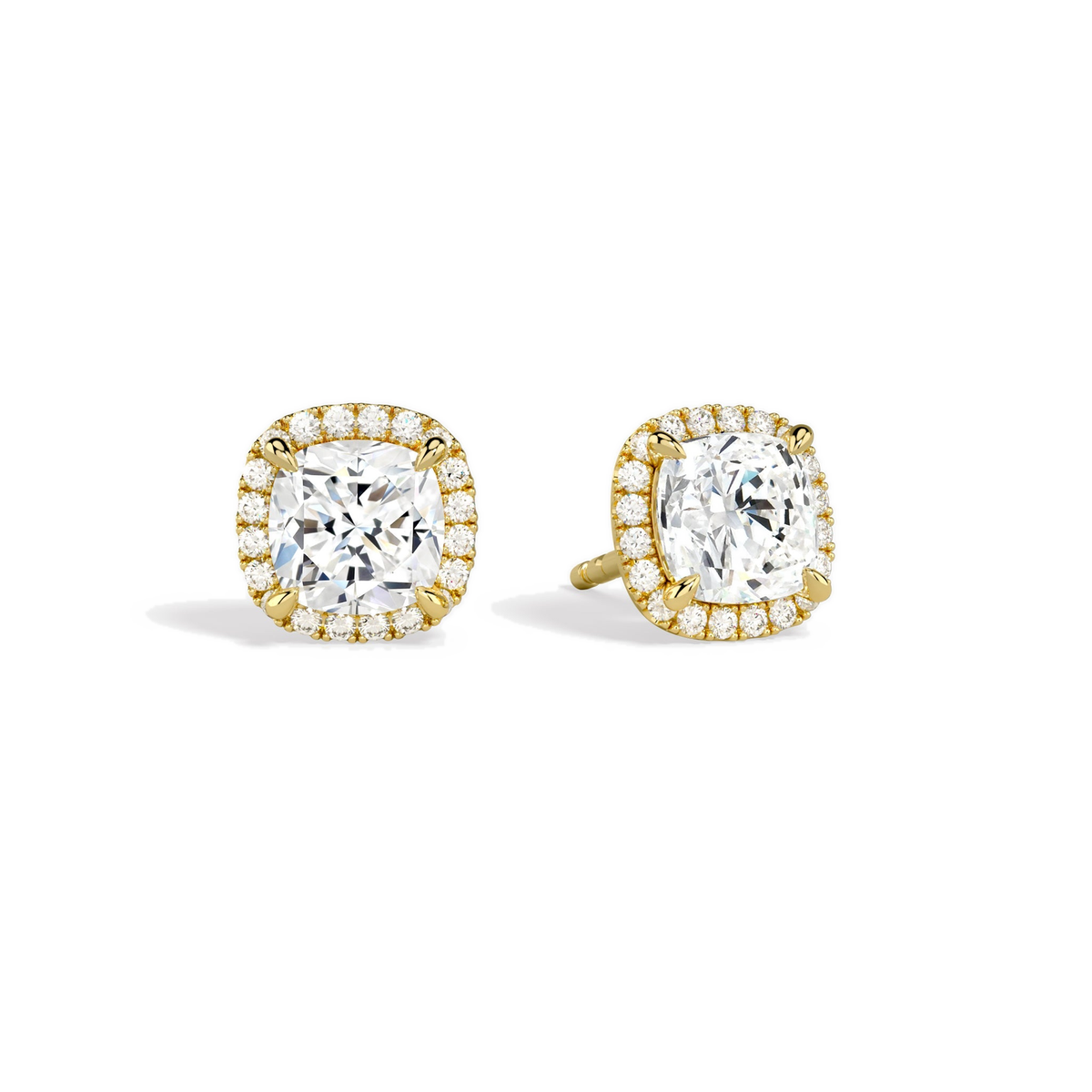 Seren Cushion Halo Lab-Grown Diamond Stud Earrings in 14K Yellow Gold, front view