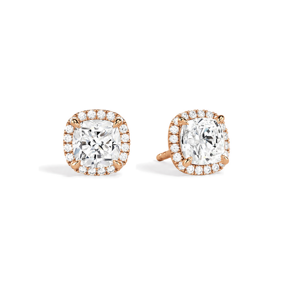 Seren Cushion Halo Lab-Grown Diamond Stud Earrings in 14K Rose Gold, front view