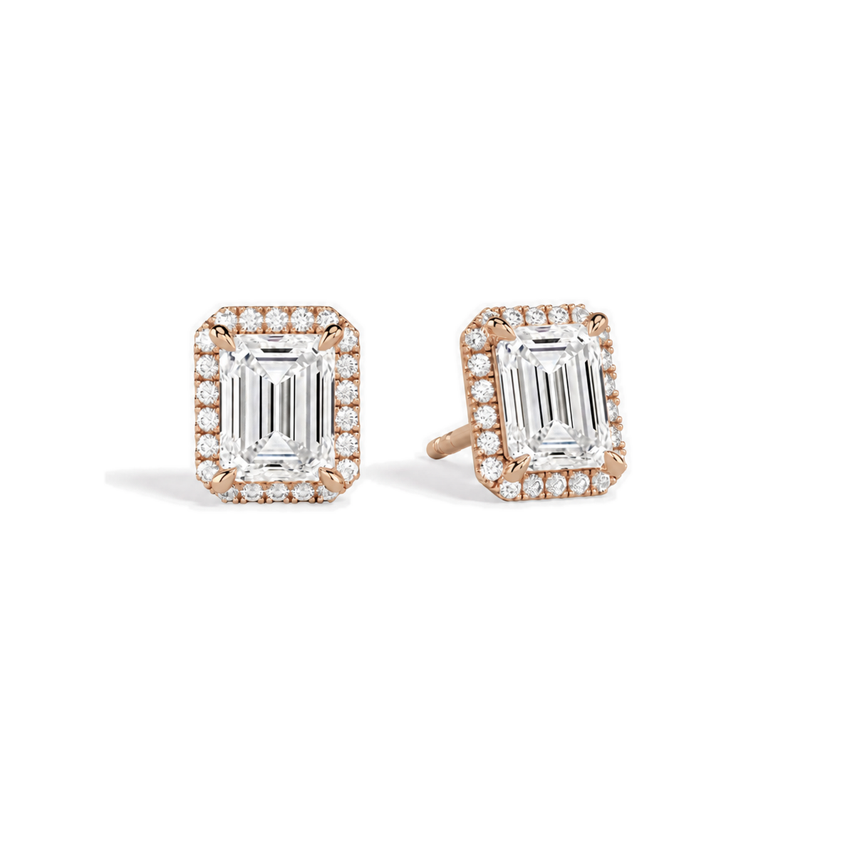 Seren Emerald Halo Lab-Grown Diamond Stud Earrings in 14K Rose Gold, front view