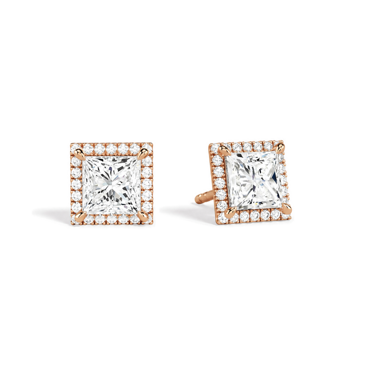 Seren Princess Halo Lab-Grown Diamond Stud Earrings in 14K Rose Gold, front view