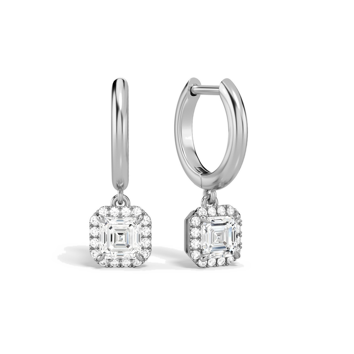 Allegra Asscher Halo Drop Huggie Hoop Lab-Grown Diamond Earrings in 14K White Gold, front view