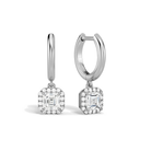 Allegra Asscher Halo Drop Huggie Hoop Lab-Grown Diamond Earrings in 18K White Gold, front view