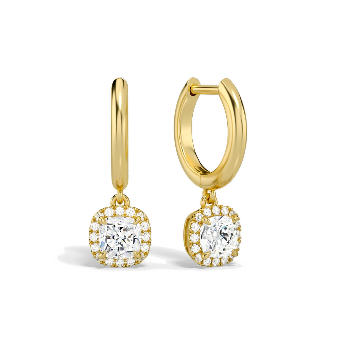 Allegra Cushion Halo Drop Huggie Hoop Lab-Grown Diamond Earrings in 18K Yellow Gold, front view