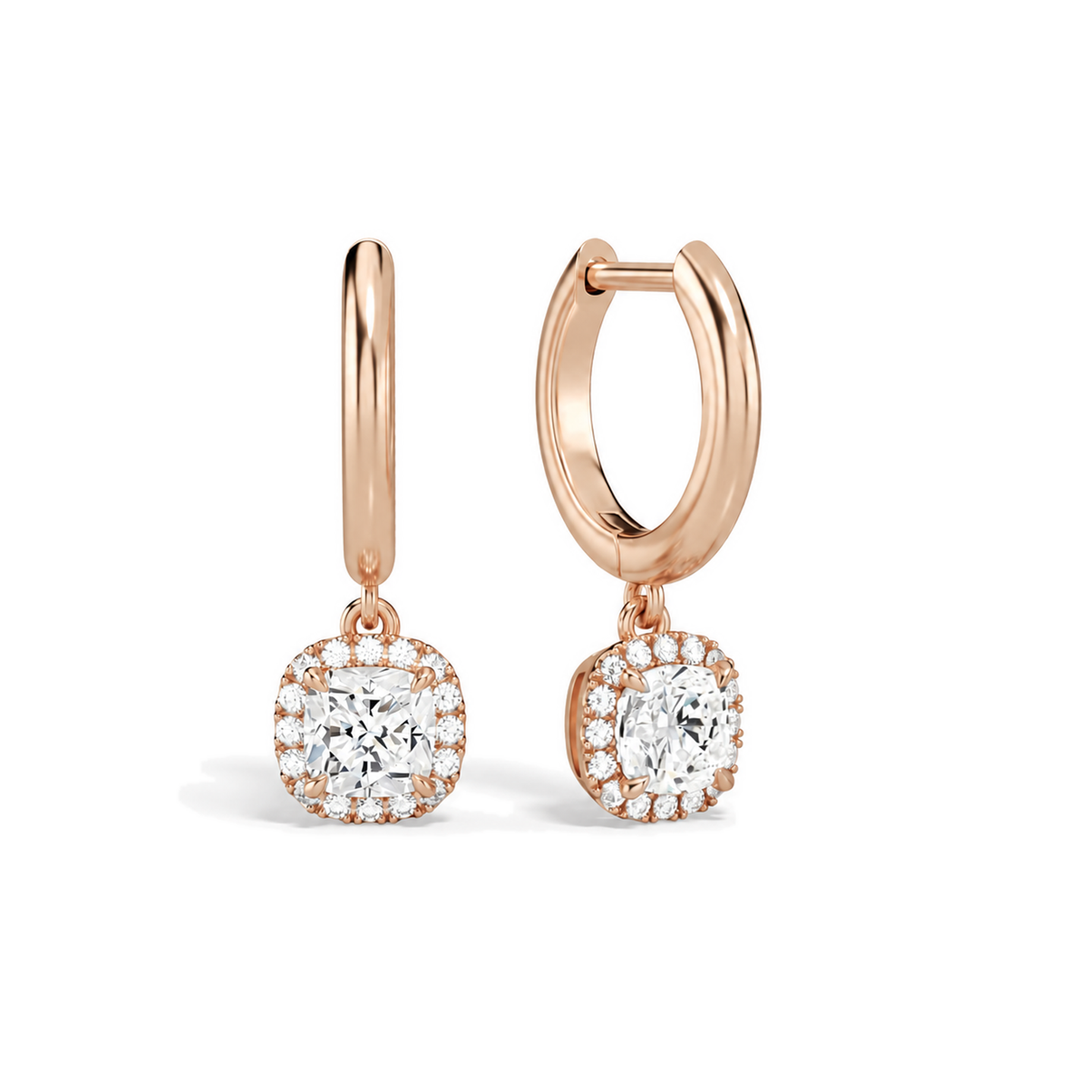Allegra Cushion Halo Drop Huggie Hoop Lab-Grown Diamond Earrings in 14K Rose Gold, front view