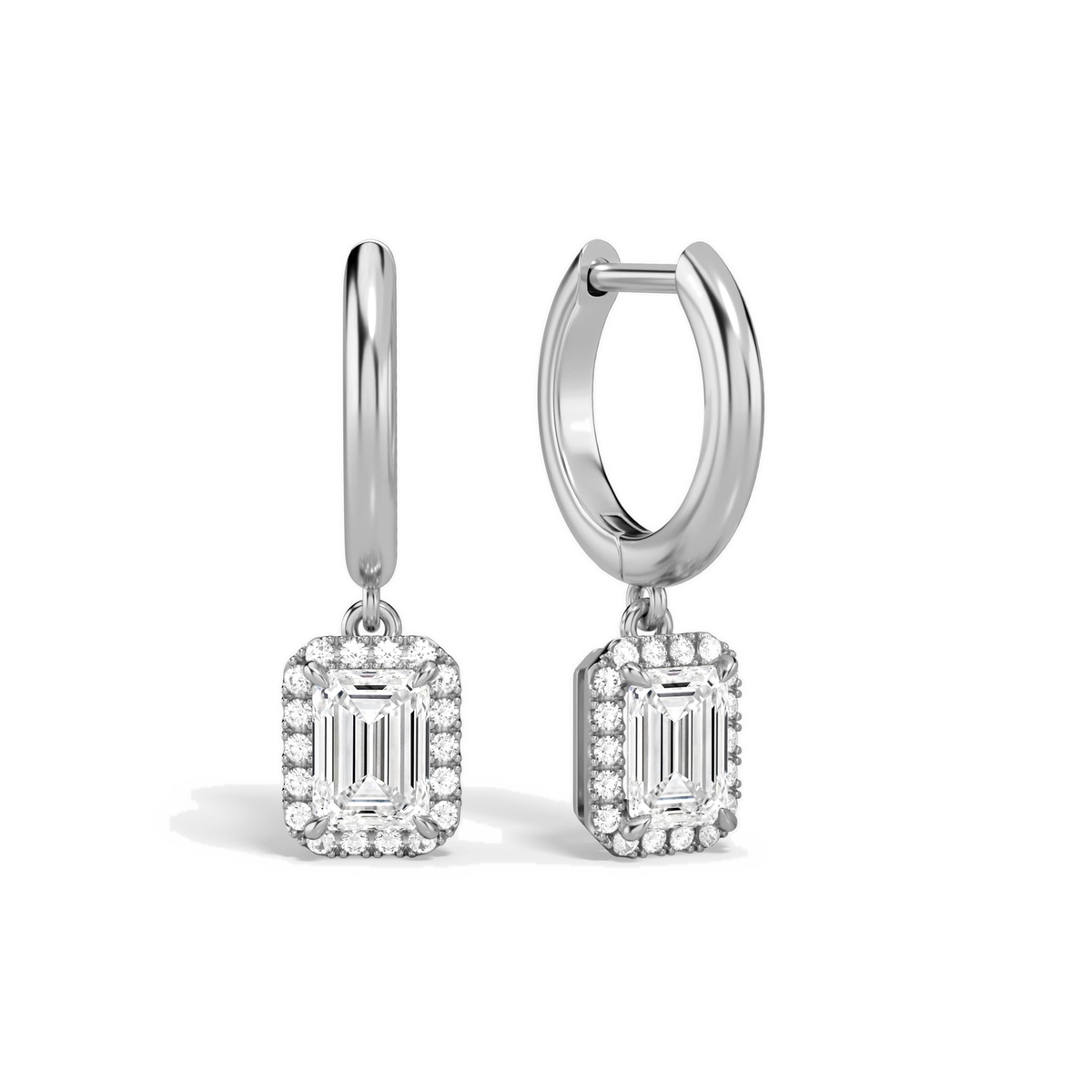 Allegra Emerald Halo Drop Huggie Hoop Lab-Grown Diamond Earrings in 18K White Gold, front view
