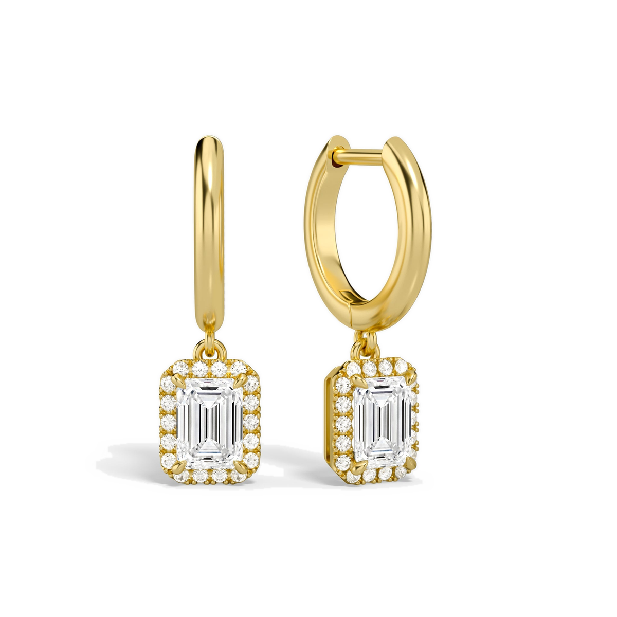 Allegra Emerald Halo Drop Huggie Hoop Lab-Grown Diamond Earrings in 14K Yellow Gold, front view