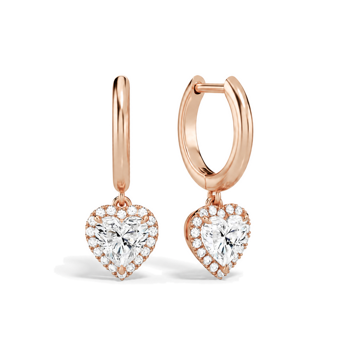 Allegra Heart Halo Drop Huggie Hoop Lab-Grown Diamond Earrings in 14K Rose Gold, front view