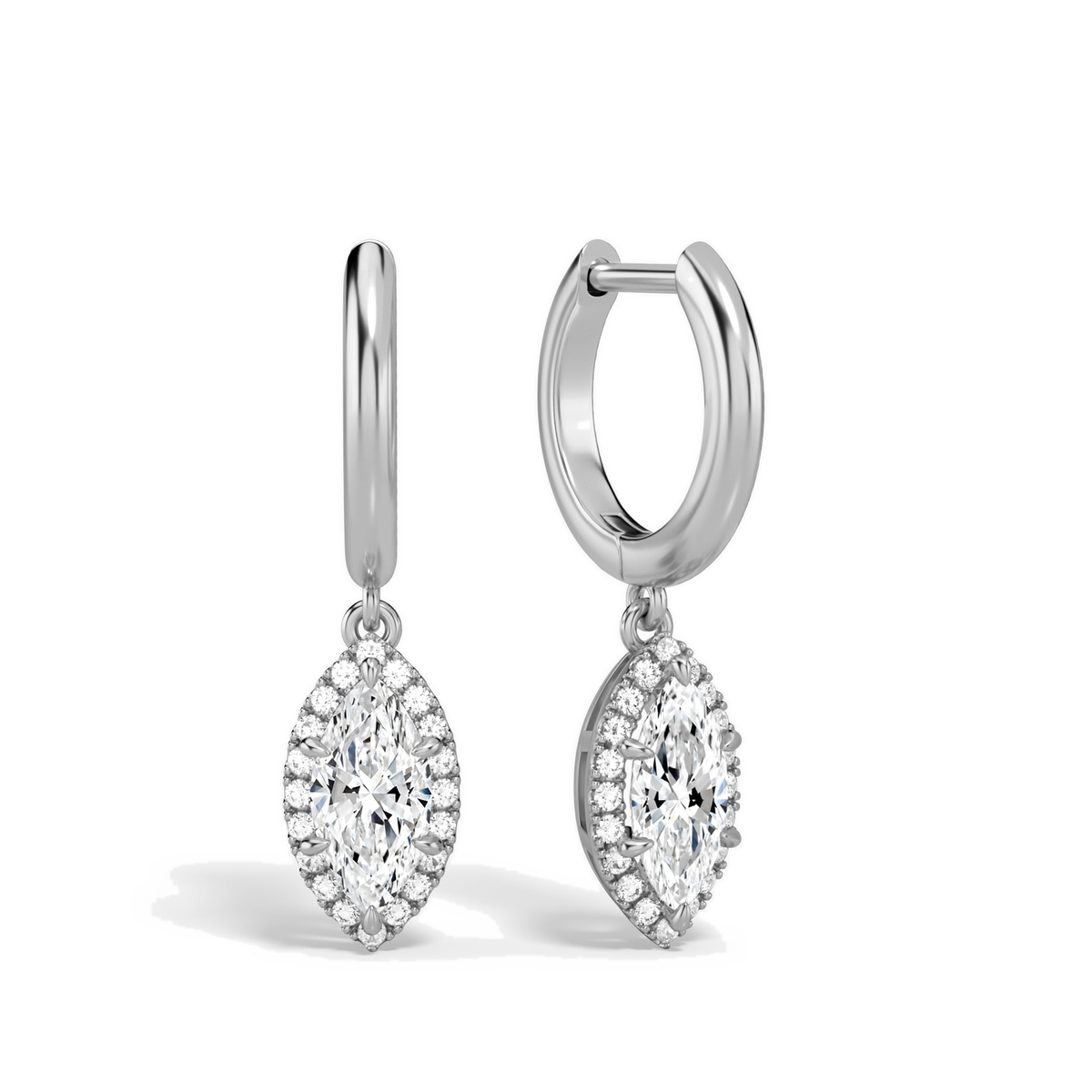 Allegra Marquise Halo Drop Huggie Hoop Lab-Grown Diamond Earrings in 14K White Gold, front view