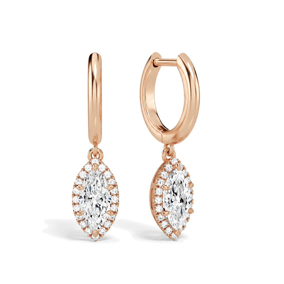 Allegra Marquise Halo Drop Huggie Hoop Lab-Grown Diamond Earrings in 14K Rose Gold, front view