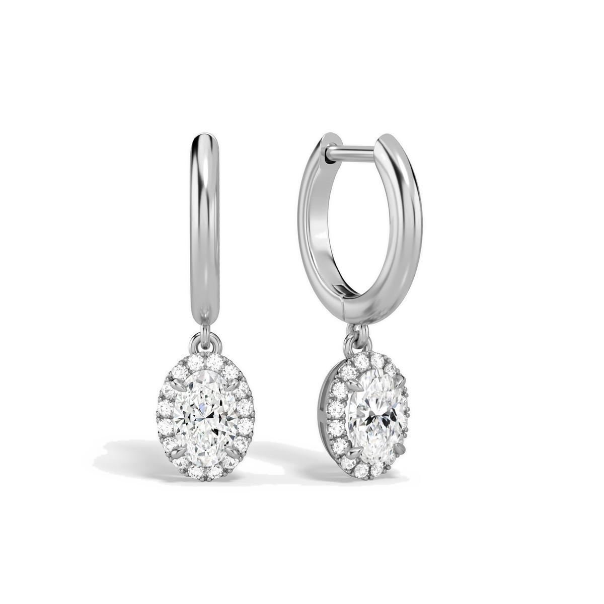 Allegra Oval Halo Drop Huggie Hoop Lab-Grown Diamond Earrings in Platinum, front view