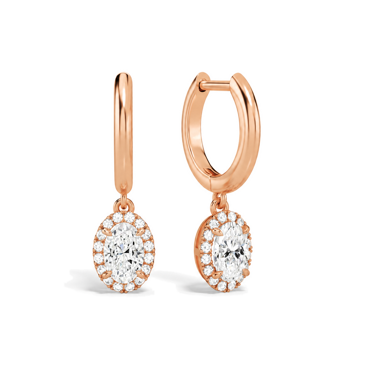 Allegra Oval Halo Drop Huggie Hoop Lab-Grown Diamond Earrings in 14K Rose Gold, front view