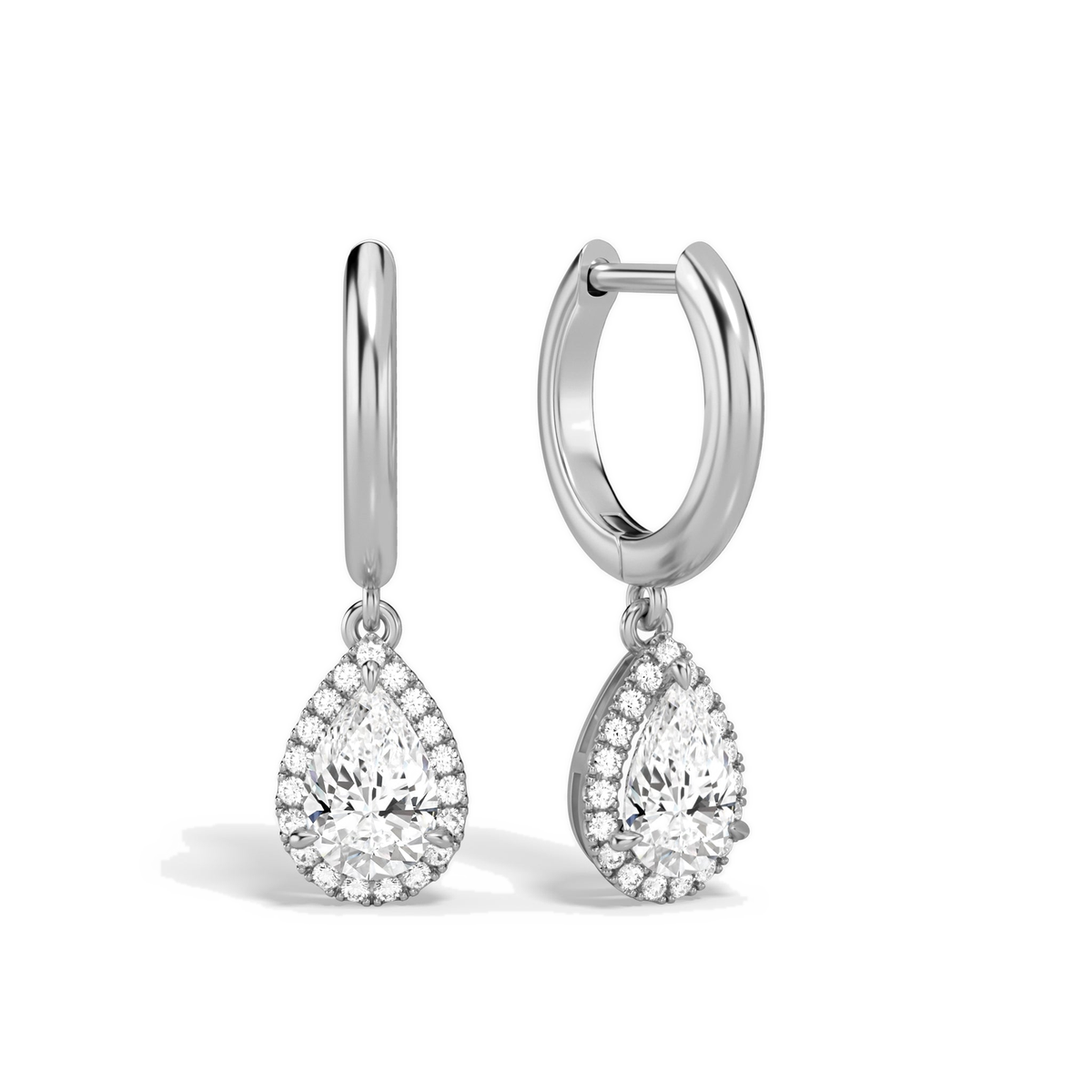 Allegra Pear Halo Drop Huggie Hoop Lab-Grown Diamond Earrings in 18K White Gold, front view