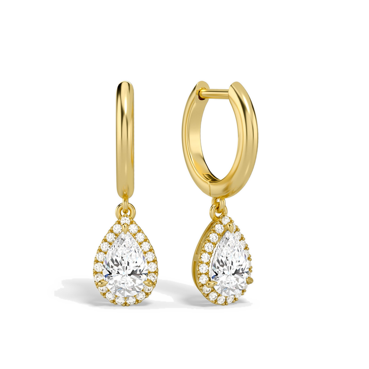 Allegra Pear Halo Drop Huggie Hoop Lab-Grown Diamond Earrings in 14K Yellow Gold, front view