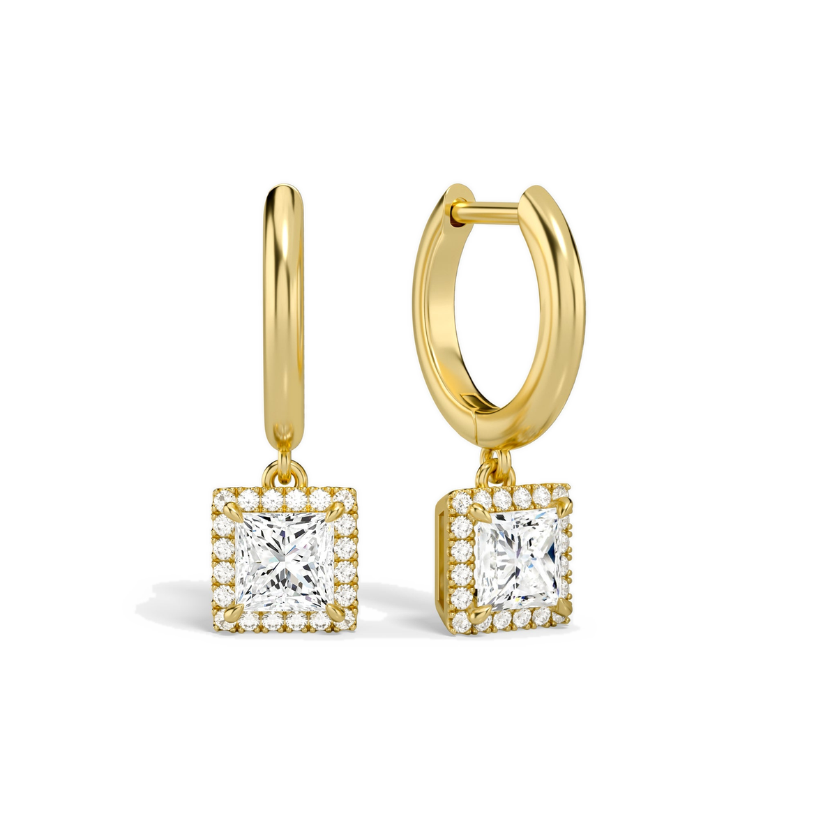 Allegra Princess Halo Drop Huggie Hoop Lab-Grown Diamond Earrings in 14K Yellow Gold, front view